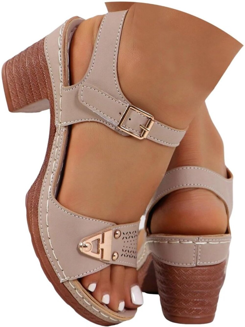 Women's Khaki Dressy Low Block Chunky Heels Ankle Strap Comfortable Open Toe
